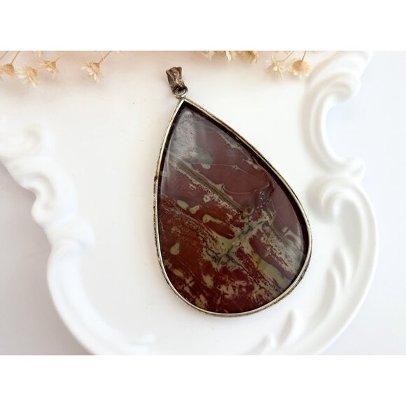 Kaleidescope Burgundy Jasper Teardrop Shaped Sterling Silver Vintage Pendant - Picture 4 of 11
